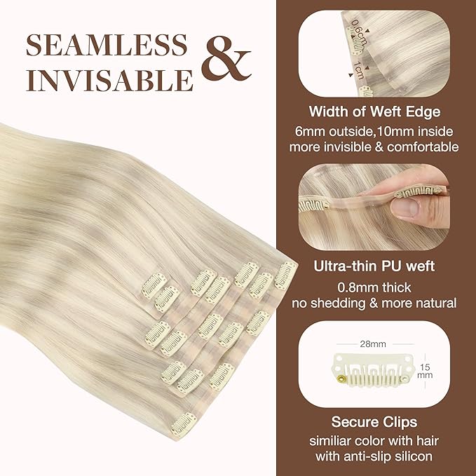 GOO GOO Clip in Hair Extensions Real Human Hair, Remy Human Hair Extensions Clip ins for Women, Natural Human Hair, 18inch 130g 7Pcs, Ash Blonde to Platinum Blonde Balayage