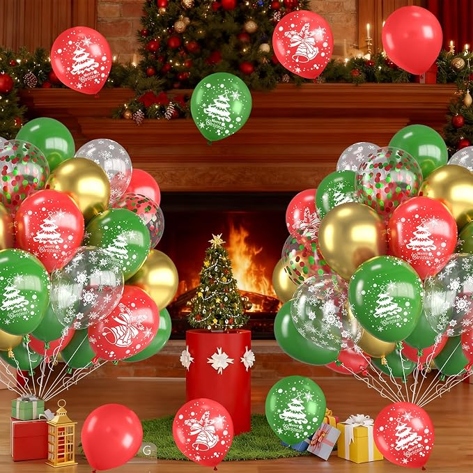 Christmas Balloons, 12 Inch Red Green and Gold Christmas Tree Bell Printed - Image 4