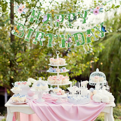 SUNBEAUTY Wildflower Happy Birthday Banner Green Spring Butterfly Flowers Party - Image 6