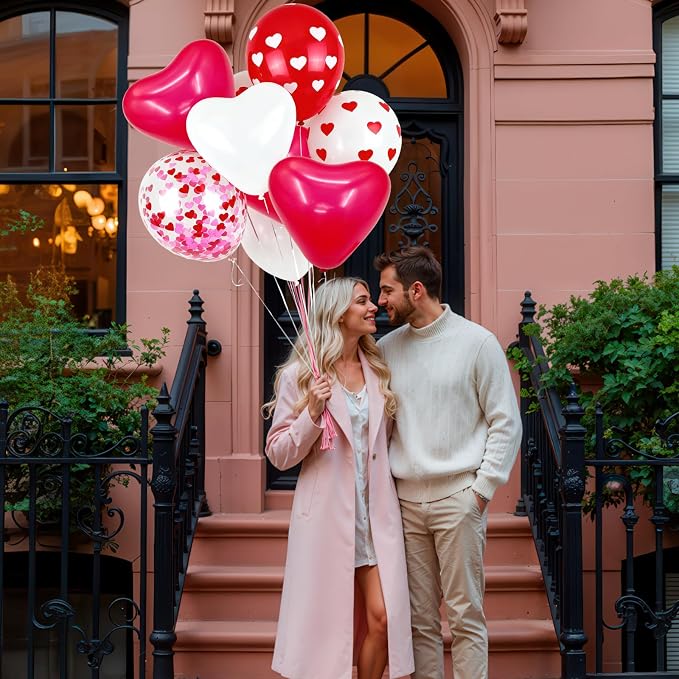 Red and White Heart Balloons, Mothers Day Balloons Heart Shaped Confetti Latex - Image 4
