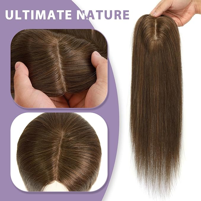 3x5 Inch Injected Silk Base Hair Toppers for Women, 18 Inch Length 130% Density Real Human Hair Pieces #2A Brown