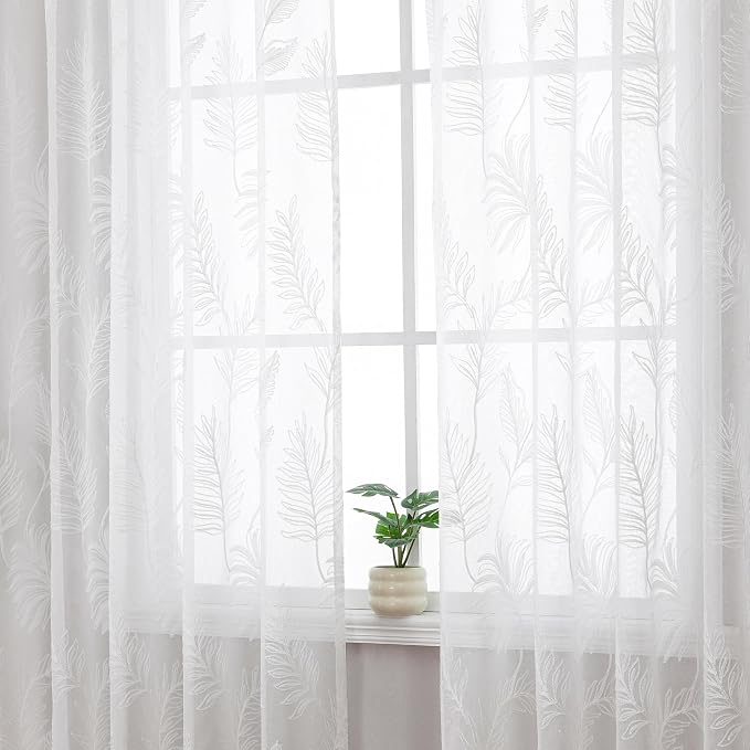 White Sheer Curtains Embroidered Leaf 2 Panels 54 Inches Long | Light Filtering - Image 6