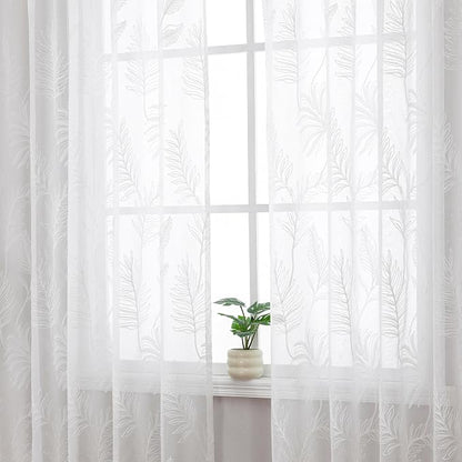 White Sheer Curtains Embroidered Leaf 2 Panels 54 Inches Long | Light Filtering - Image 6