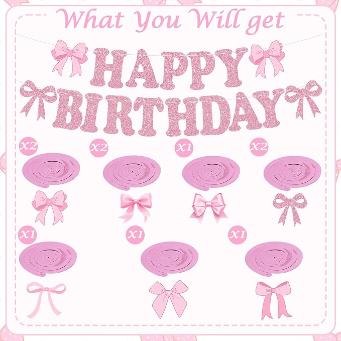 Glitter Pink Bow Happy Birthday Banner - Image 2