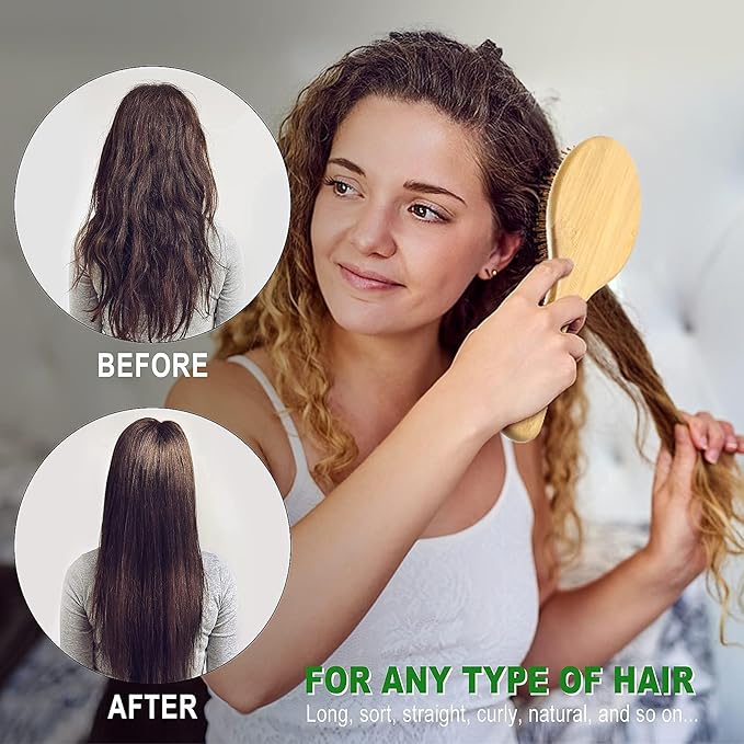 MRD Hair Brush Set, Natural Bamboo Comb Paddle Detangling Hairbrush, Wide-tooth and tail comb No Bristle, suit for Women Men and Kids Thick/Thin/Curly/Dry Hair Gift kit