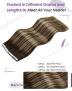 LaaVoo Hair Extensions Tape in Brown Balayage Human Hair Tape in Extensions Ombre Brown to Caramel Blonde with Brown 18inch 20pcs 50g