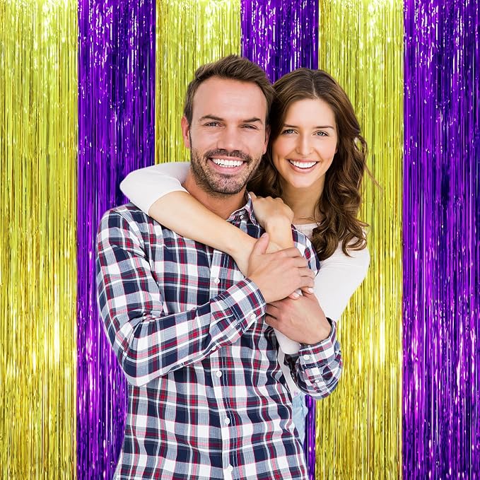 Voircoloria Purple Gold Foil Fringe Backdrop Curtains, 2 Pack | Tinsel Streamers - Image 6