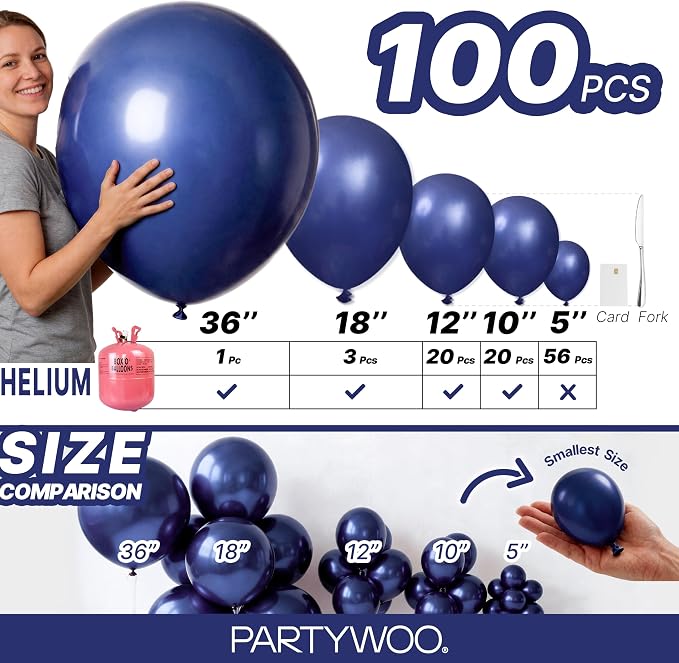 PartyWoo Navy Blue Balloons 100pcs Dark Blue Color 36 18 12 10 5 Inch | Balloons - Image 6