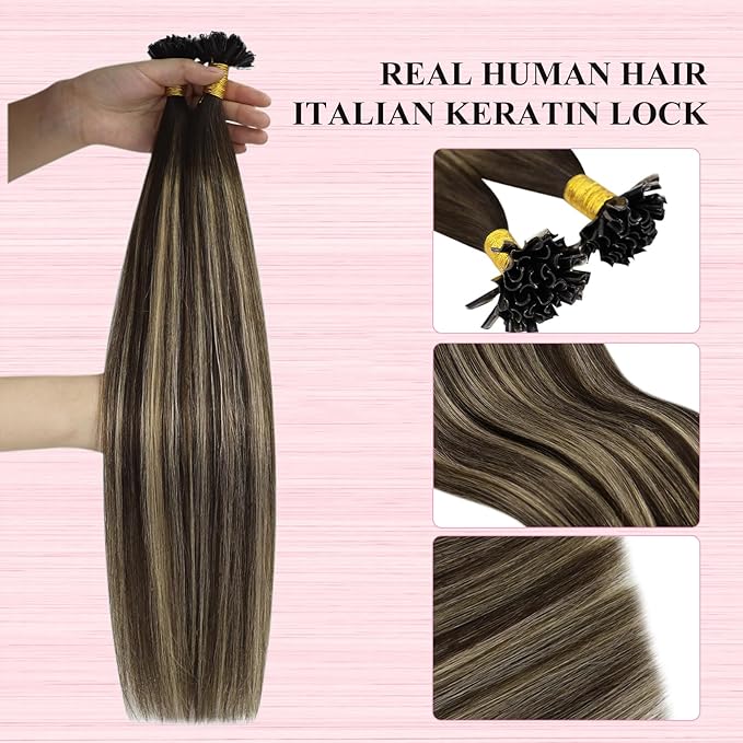 YoungSee Ombre K Tip Hair Extensions Real Human Hair Ombre Dark Brown Mixed Ash Blonde Natural Hair Extensions Utips Human Hair for Women 14In 1G/S 50G