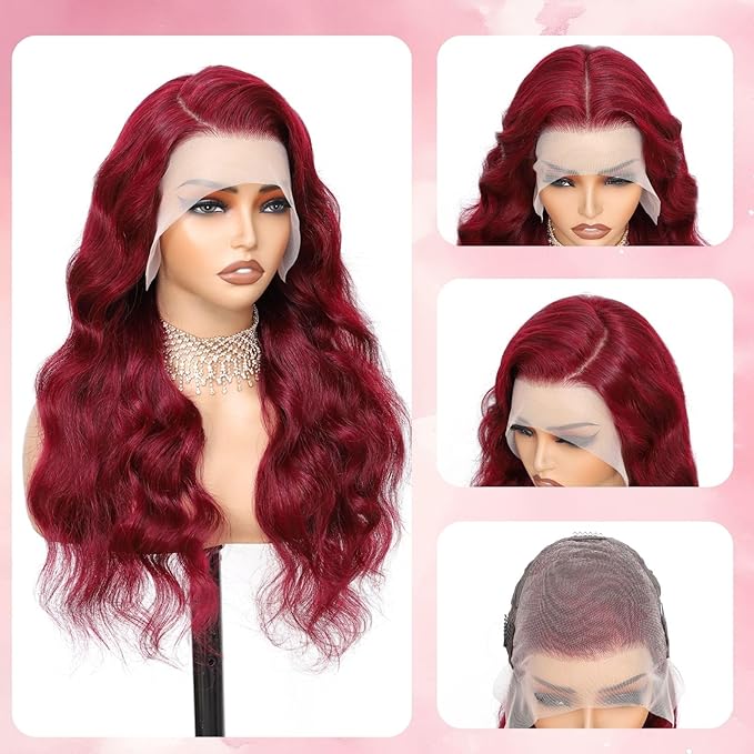32 Inch 99j Burgundy Lace Front Wigs Human Hair 13x6 HD Transparent Burgundy Wig Human Hair 200 Density Pre Plucked Glueless Frontal Wigs Human Hair for Black Women