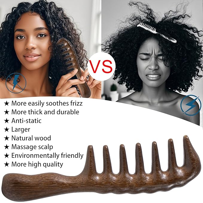 Wooden Wide Tooth Comb for Curls, 2 Pcs Thicken Natural Sandalwood Hair Combs for Women and Men, Detangles Long Thick Wet or Dry Hair, Head Scalp Massager, Anti-static (Golden, Long&Short)