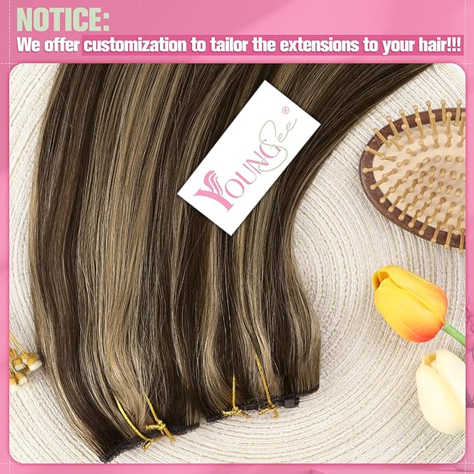 YoungSee 135G Invisible Wire Hair Extensions Real Human Hair Brown Highlights Wire Human Hair Extensions Highlights Dark Brown with Blonde One Piece Hair Extensions Long Straight Hair 24inch