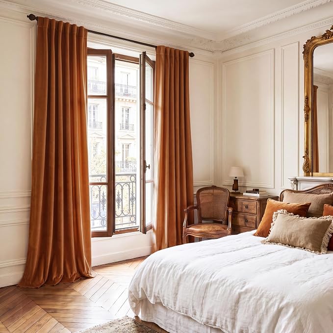 Burnt Orange Velvet Curtains Back Tab Boho Drapes, Window Back Tab Pinch Pleat - Image 8