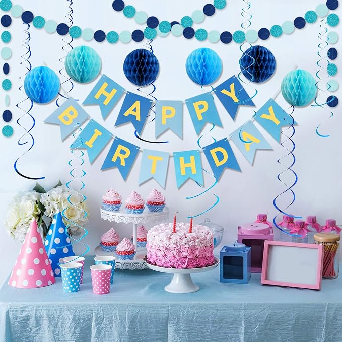 Blue Birthday Decorations with Happy Birthday Banner, Paper Honeycomb Balls - Image 5