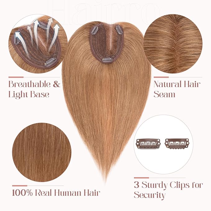 Hairro 100% Human Hair Topper No Bangs, Real Clip in Hair Hairpieces for Women, 3.94x4.72" Silk Base for Thinning Receding High Hairline, 10 Inch Light Brown Side Part