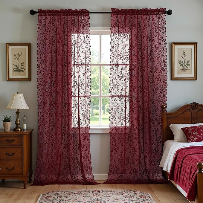 FINECITY Burgundy Lace Curtains Rustic Leaf Floral 42 x 84 Inch, 2 Panels | Rod - Image 7