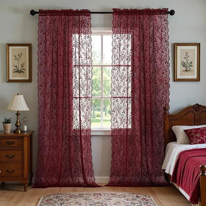 FINECITY Burgundy Lace Curtains Rustic Leaf Floral 42 x 84 Inch, 2 Panels | Rod - Image 7