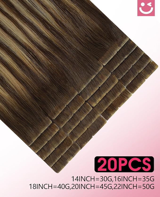 Youngsmile Injection Tape in Hair Extensions Human Hair #4/27/4 Chocolate Brown to Caramel Blonde 20pcs 35g 16 Inch Balayage Injected Tape in Hair Extensions Straight Remy Human Hair (#4/27/4,16'')