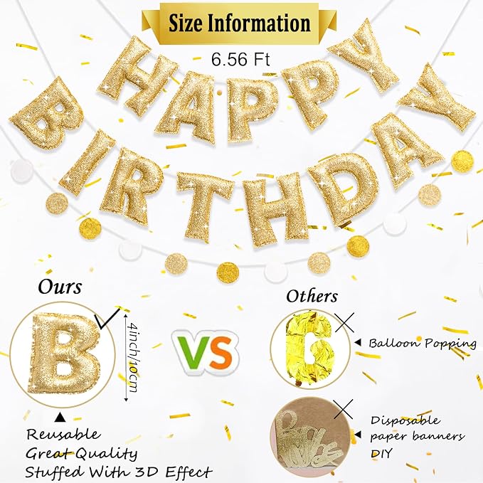 Pre-strung Gold Glitter Happy Birthday Banner Reusable Birthday Decorations | - Image 6