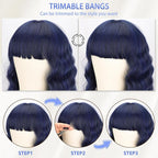Nnzes Wig with Bangs for Women Short Bob Wavy Charming Synthetic Dark Blue Wigs with Natural Shoulder Length Curly Heat Resistant Hair for Daily Party Use