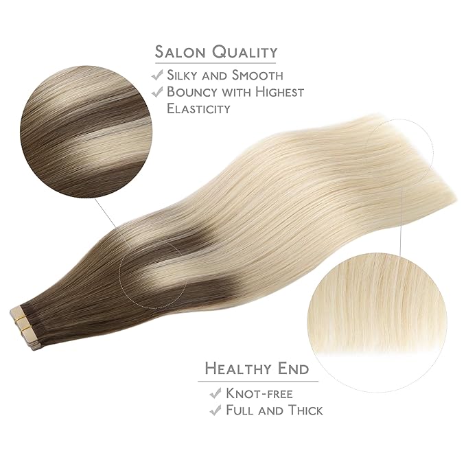 WENNALIFE Tape in Hair Extensions Human Hair, 20pcs 50g 20 inch Sandy Brown to Platinum Blonde Remy Hair Extensions Straight Human Hair Tape in Extensions Skin Weft Tape Extensions Human Hair