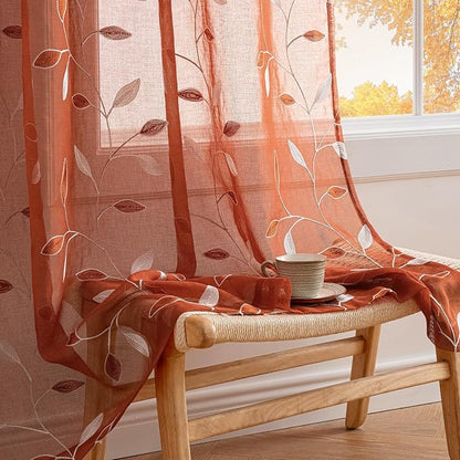 MIULEE Terracotta Sheer Fall Curtains 2 Panels Leaf Patterned, W52 x L45 | - Image 2