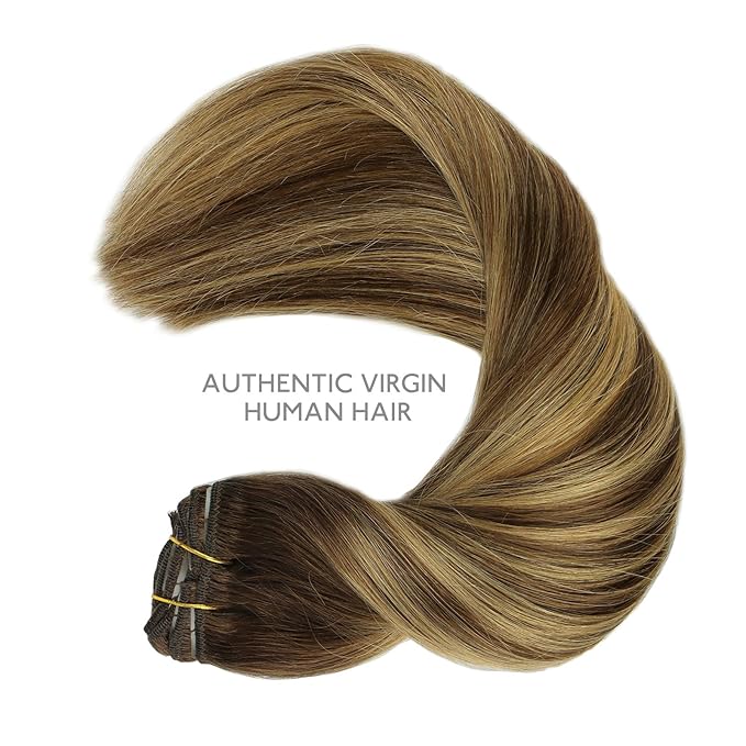 WENNALIFE Clip in Hair Extensions Real Human Hair, 18 Inch 120g 7pcs Balayage Chocolate Brown to Caramel Blonde Hair Extensions Clip in Human Hair Remy Clip in Hair Extensions Real Human Hair