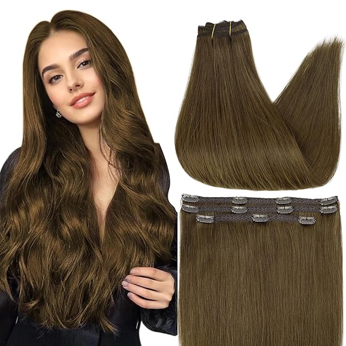 Full Shine Seamless Hair Extensions Clip in Medium Brown Human Hair 20 Inch Silky Brown Clip in Hair Extensions for Women Real Hair 3 Pcs 60 Gram