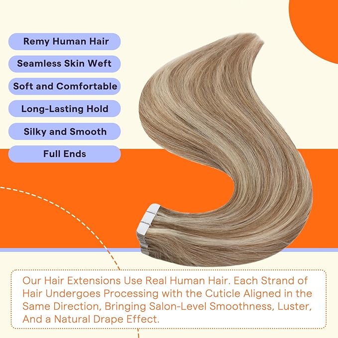 Full Shine Hair Extensions Real Human Hair Tape in Color 10 Brown Highlight 60 Blonde 22 Inch Invisible Double Sided Tape Ins Human Hair Extensions 20PCS Natural Extensions for Women Real Hair 50g