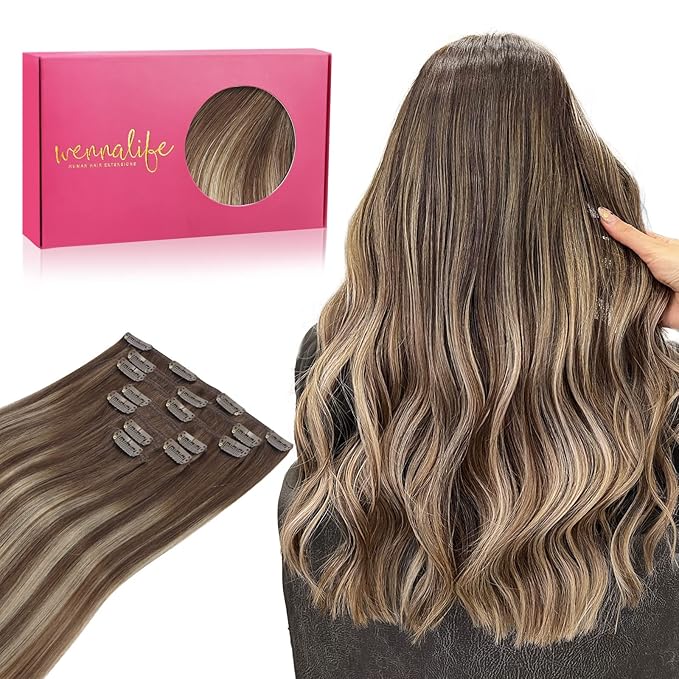 WENNALIFE Clip in Hair Extensions - Real Human Remy Hair, 18 Inch 120g 7pcs Balayage Chocolate Brown to Honey Blonde