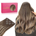 WENNALIFE Clip in Hair Extensions Real Human Hair, 22 Inch 120g 7pcs Balayage Chocolate Brown to Honey Blonde Hair Extensions Clip in Human Hair Remy Clip in Hair Extensions Real Human Hair