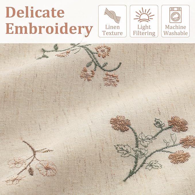 Floral Embroidered Light Filtering Curtains 72 Inch 2 Panels | Linen Blend - Image 3