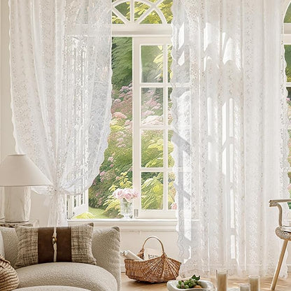 Anmao Vintage White Lace Curtains 96 Inches Long 2 Panels Set, Romantic Elegant - Image 5