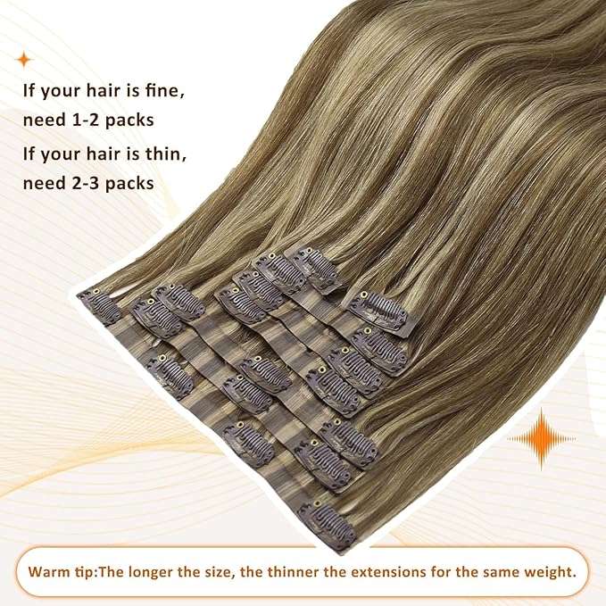 Full Shine Clip in Human Hair Extensions 18 Inch Dark Brown with Caramel Blonde Highlights Seamless Clip ins for Women Remy Natural Hair Thick Ends 8 PCS 120G