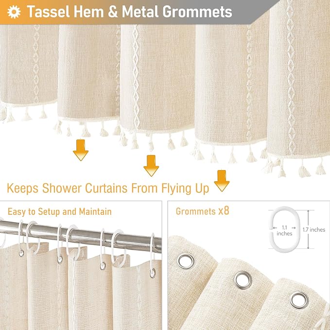 48 x 72 Boho Linen Heavy Duty Cloth Shower Curtain Set, Cream/Beige | Stall Size - Image 5