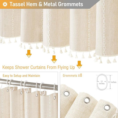 48 x 72 Boho Linen Heavy Duty Cloth Shower Curtain Set, Cream/Beige | Stall Size - Image 5