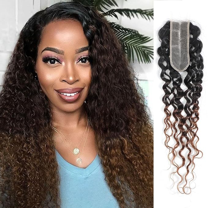 T1B/2/30 Ombre Water Wave 2x6 Lace Closure 100% Real Human Hair 14 Inch Chestnut Brown Ombre Water Wave Transparent Lace Closure