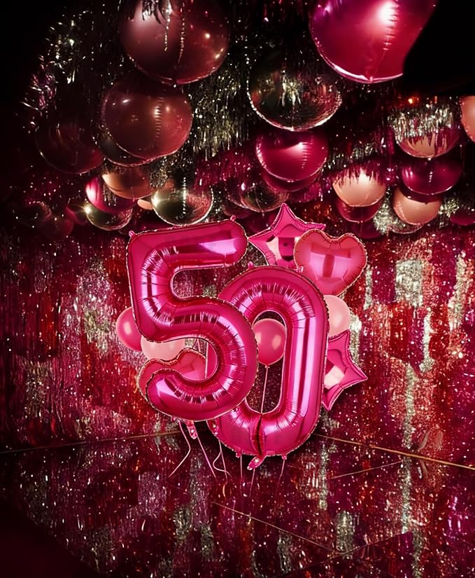 40 Inch Number Balloon Hot Pink 50 Set Pink Theme 50th Birthday Decor 10Pcs | - Image 5