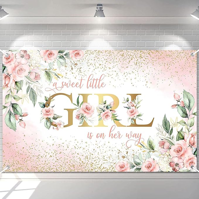 Avezano Girl Baby Shower Backdrop Pink Floral Sweet Baby Baby Shower Banner A by AVEZANO