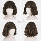BARSDAR Short Wavy Wig with Bangs - Short Wavy Brown Blonde Highlights Wig for Women - Fluffy Soft Synthetic Curly Textured French Bob Wigs with Bangs Natural Looking Face-Framing Daily