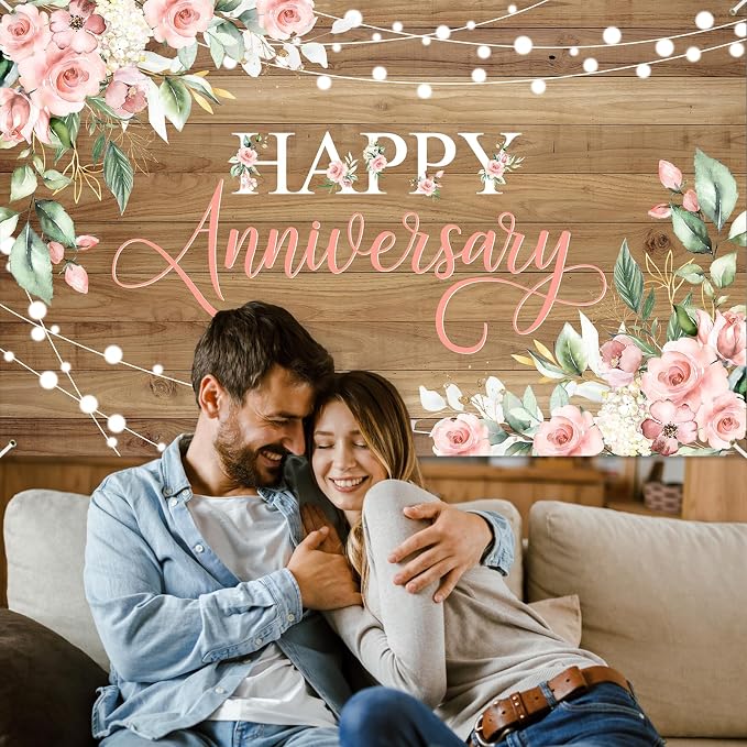 Avezano Happy Anniversary Backdrop Rustic Pink Floral Happy Anniversary Banner - Image 7