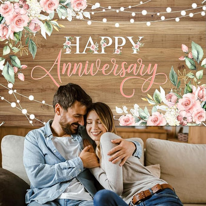 Avezano Happy Anniversary Backdrop Rustic Pink Floral Happy Anniversary Banner - Image 7