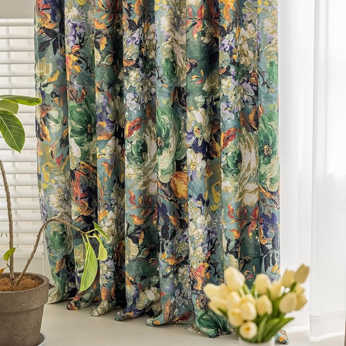 SUOUO Floral Curtains for Bedroom Pattern Dark Green Vintage Painting Flower 84 - Image 9