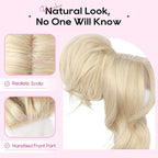 REECHO Messy Bun Hair Piece with Bangs – 2-in-1 Drawstring Ponytail Extension Updo Wig & Hair Topper with Long Side Bangs, Natural-Looking Hair Bun Hairpieces for Women - Natural Blonde