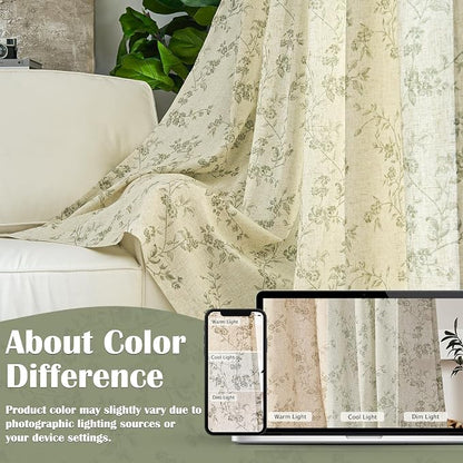 Green Vintage Floral Linen Curtains Farmhouse 38W X 84L 2 Panels | Elisa Series - Image 6