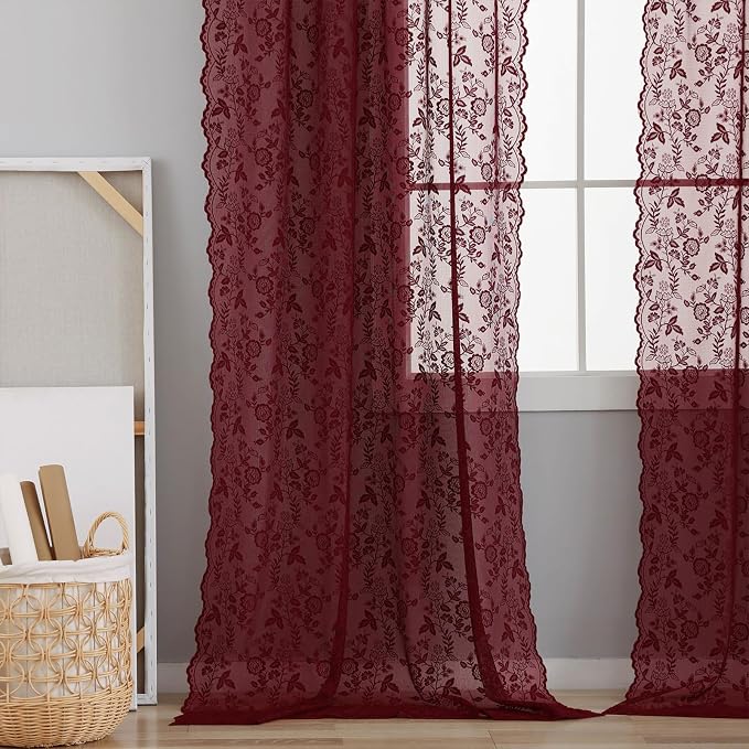 FINECITY Burgundy Lace Curtains Rustic Leaf Floral 42 x 84 Inch, 2 Panels | Rod - Image 6