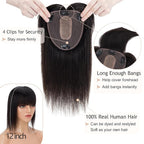 Hair Toppers for Women Real Human Hair With Bangs, 13 * 15 cm Larger Silk Base 150% Density Clip In Topper Hairpieces, Wiglet Top Pieces Add Volume -12 Inch 01B Natural Black