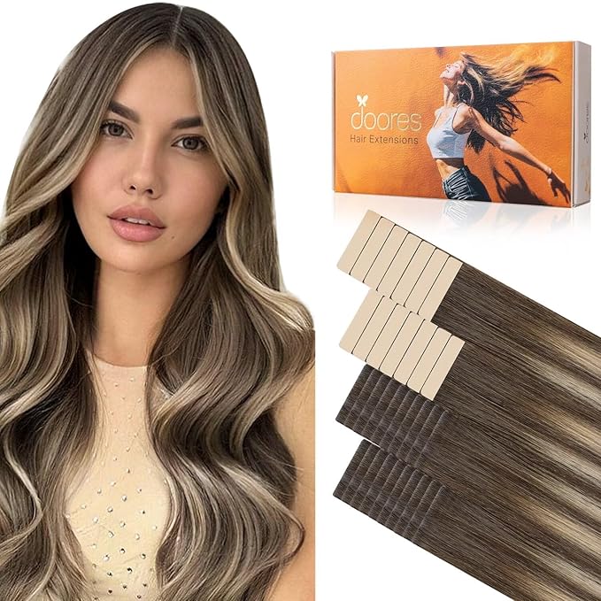 DOORES Invisi Edge Human Hair Tape in Extensions, Chocolate Brown to Honey Blonde 20 Injection Tape-ins with 20 Classic Tape-ins 100g 18 Inch, Injection Tape in Extensions Hair