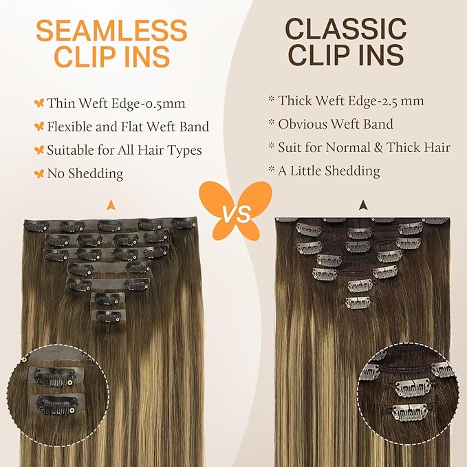 DOORES Clip in Hair Extensions, Chocolate Brown to Caramel Blonde 150g 7pcs 20 Inch Virgin Straight Human Hair Extensions for Women