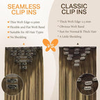 DOORES Human Hair Clip-in Extensions, Chocolate Brown to Caramel Blonde, 7pcs 110g 22 Inch, Seamless Clip-in with Skin Weft Remy Straight Invisi Edge Hair Extensions